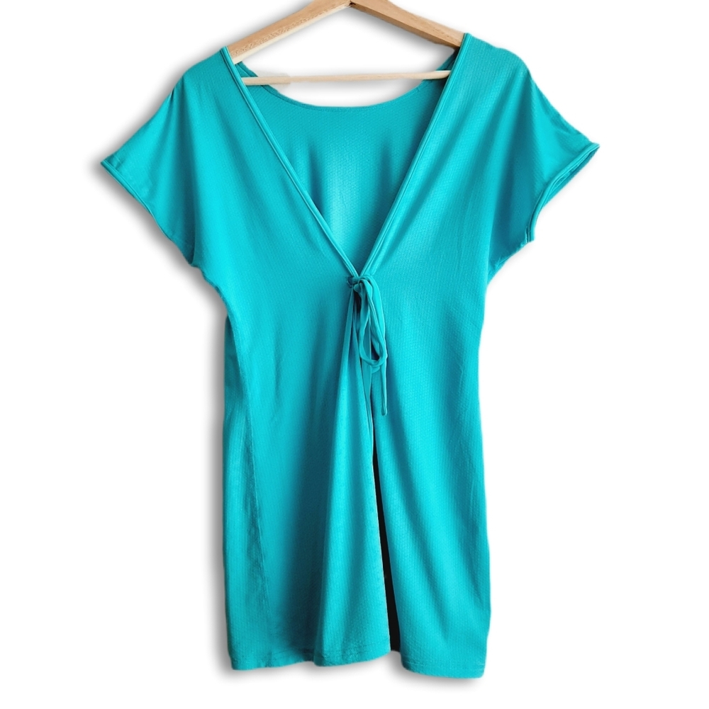 LULULEMON Athletica Turquoise Blue Short Sleeve V-Neck Tee Sz 6 Flawed
